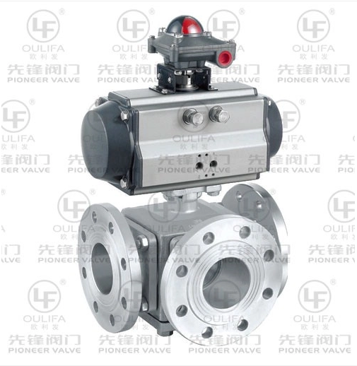 Vanne &agrave; boisseau sph&eacute;rique pneumatique &agrave; bride 3 voies, port L ou port T